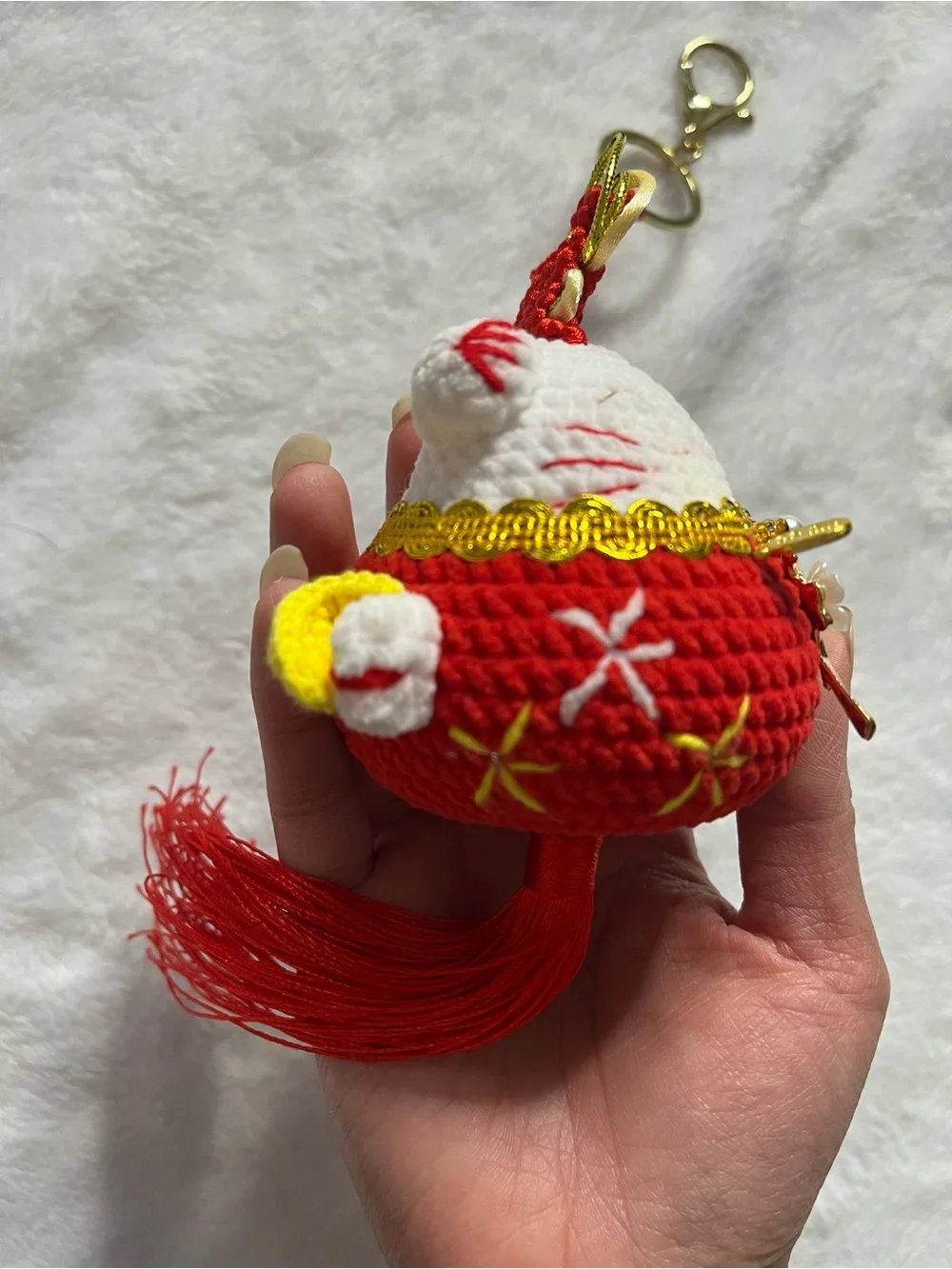 Chinese lucky cat new year Red and White Plush Cat Keychain Charm/car charm